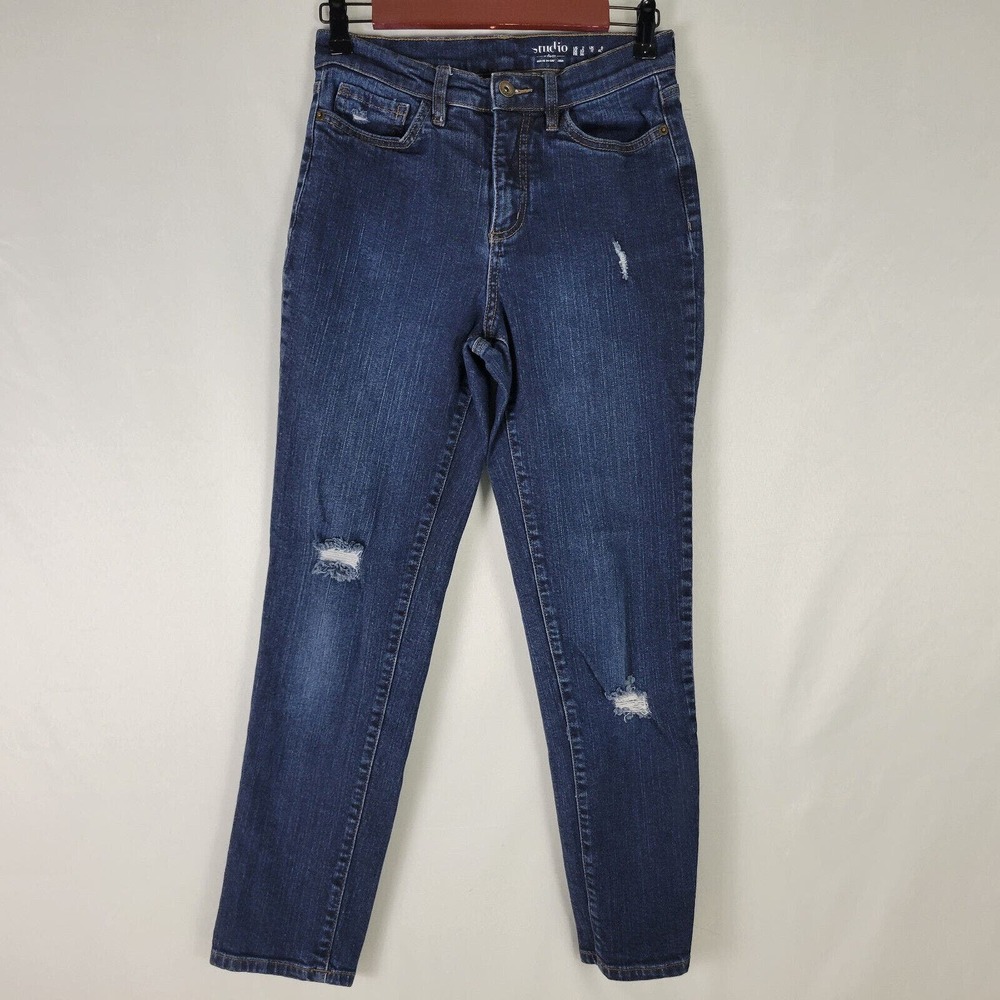 Studio Jeans Womens‎ 2 Blue Denim Mid Rise Skinny Leg Distressed Dark Wash